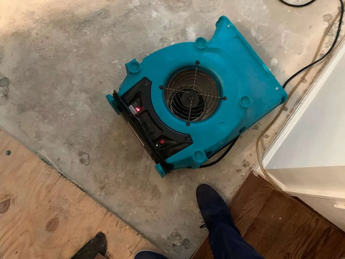Air mover drying subfloor during Commercial Water Damage Restoration in San Antonio